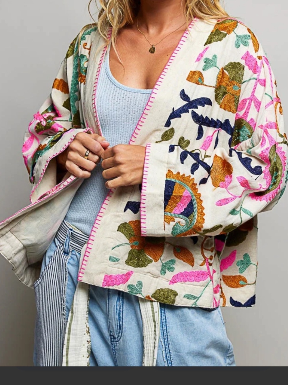 POL Embroidered Cream Kimono Jacket with Multi-Color Floral Stitching